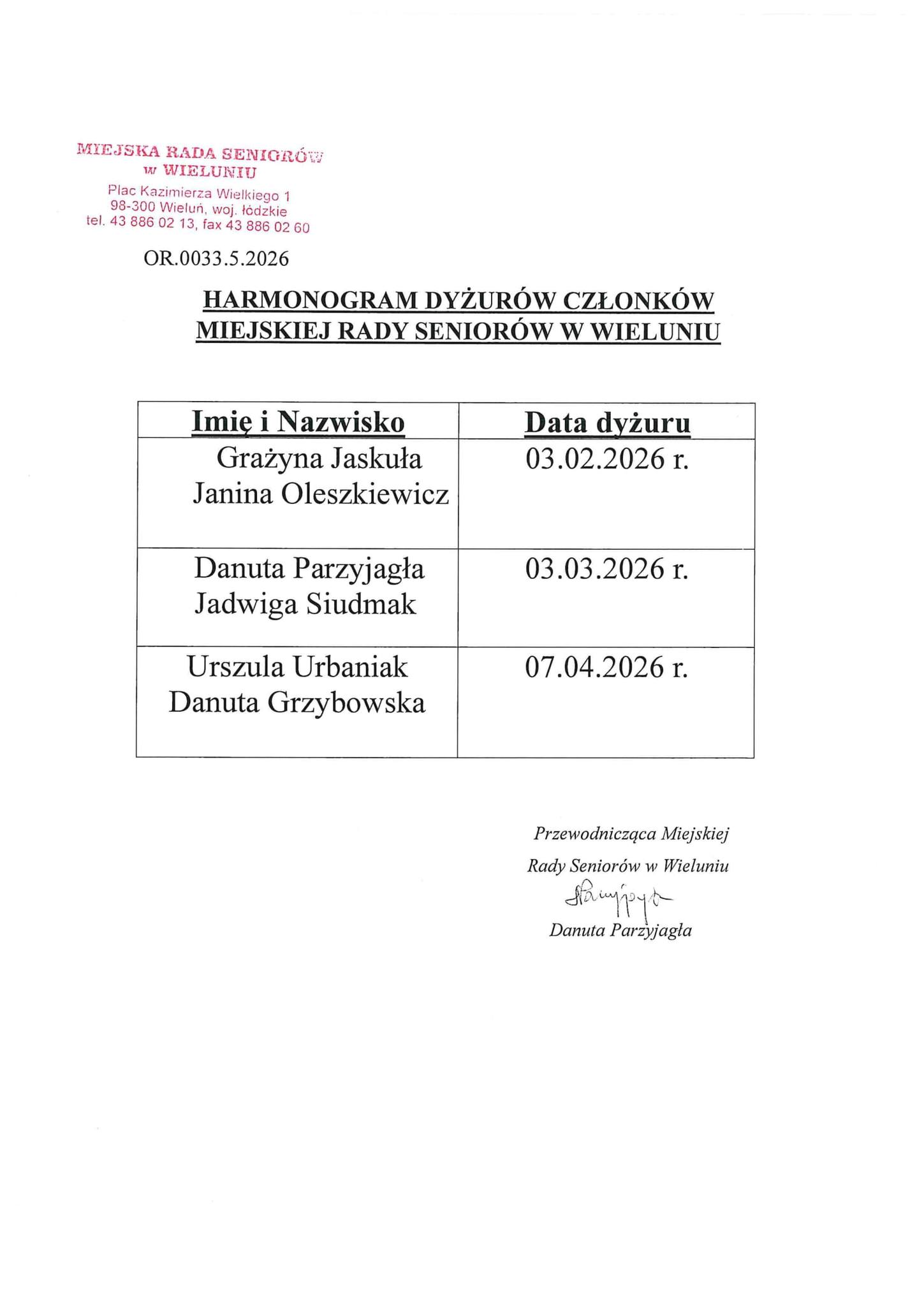 Dyżur Miejska Rada Senior&oacute;w